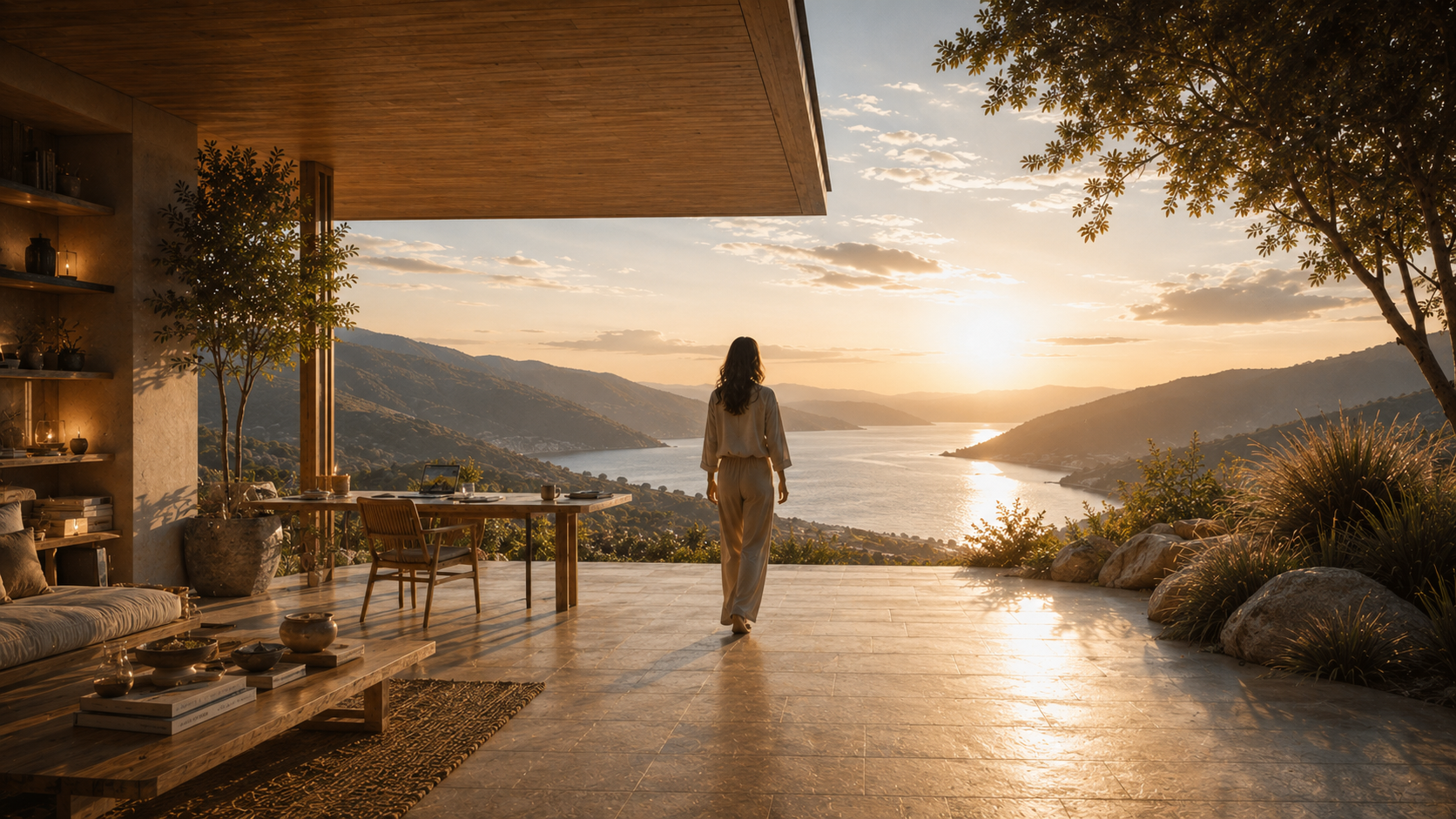 Eine Frau geht über eine Terrasse auf die weite, sonnenbeschienene Landschaft zu