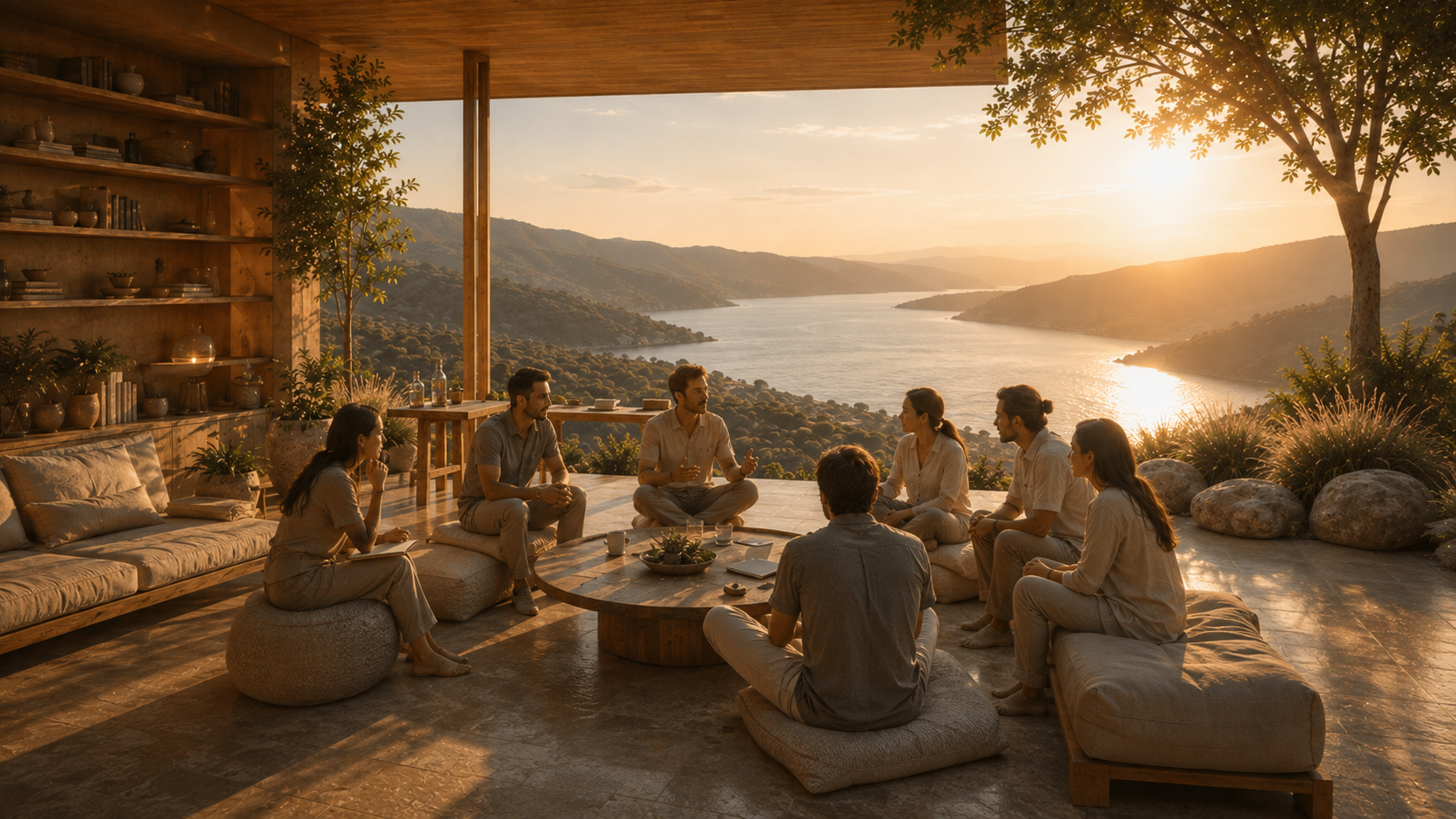 Eine Gruppe sitzt im Kreis im Gespräch, dahinter die Bucht im Sonnenuntergang