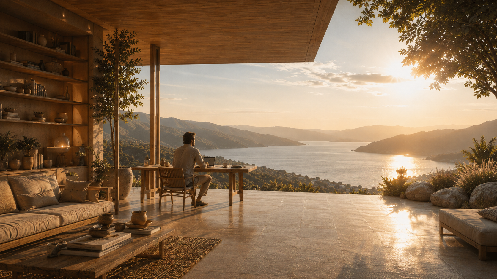 Ein Unternehmer arbeitet ruhig an einem Tisch mit weitem Blick über See und Berge
